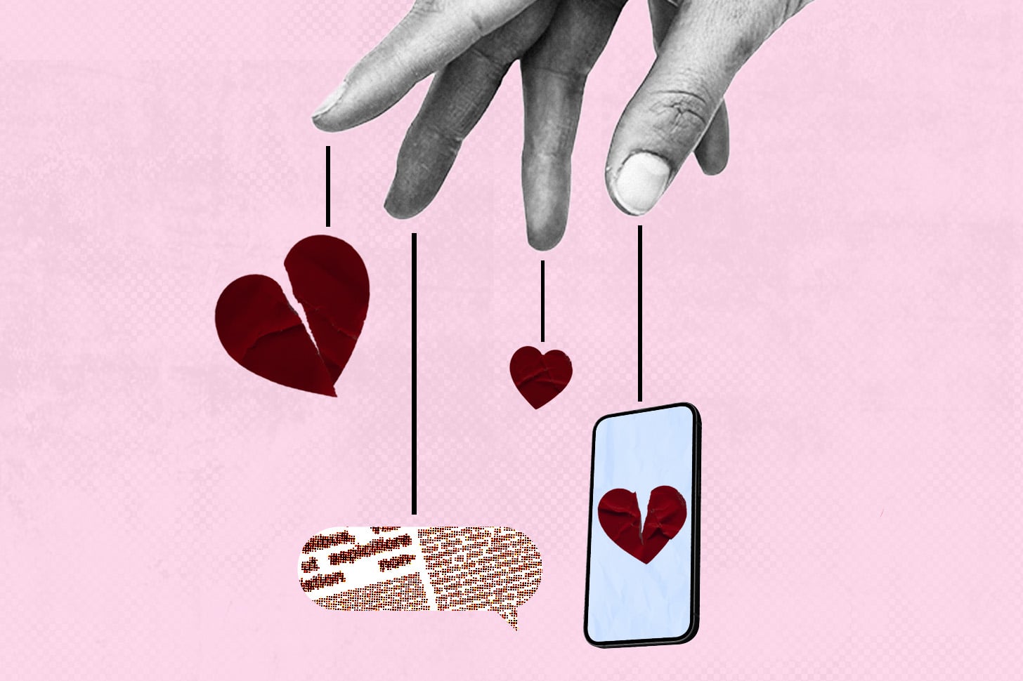 Design Image of Broken Hearts and Phone on Pink Background