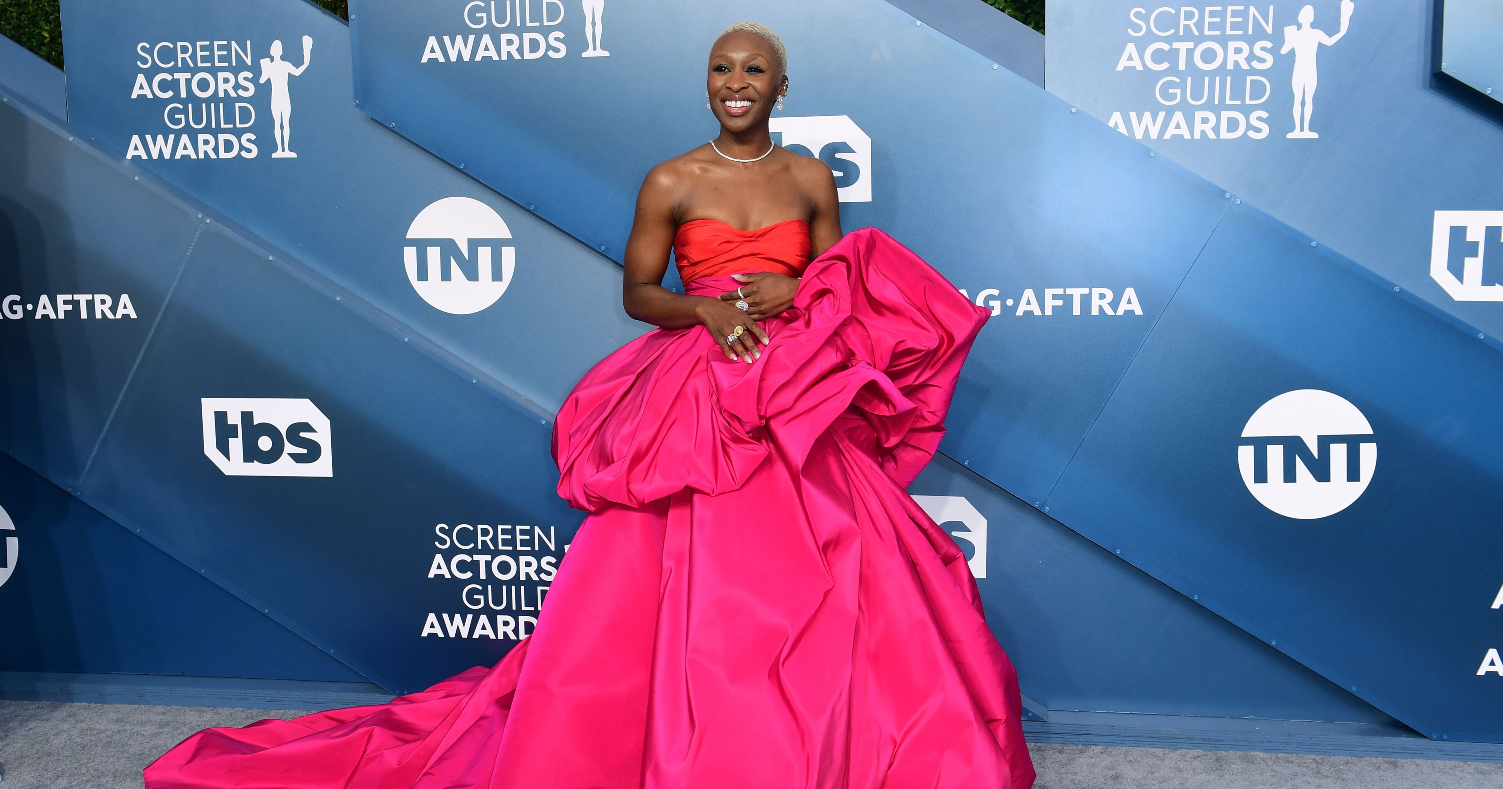 cynthia erivo pink dress Cynthia Erivo Stuns in Hot Pink Gown With Show-Stopping Train at 2020 SAG  Awards