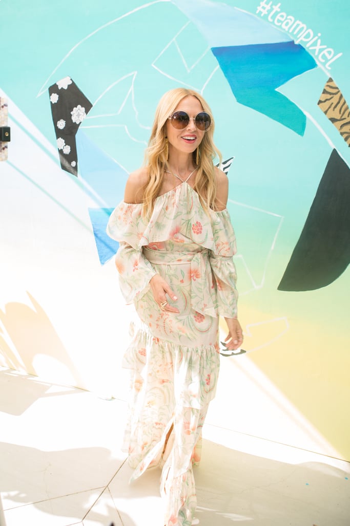 Rachel Zoe wearing a flowy printed maxi dress at The Zoe Report's Zoeasis party. 