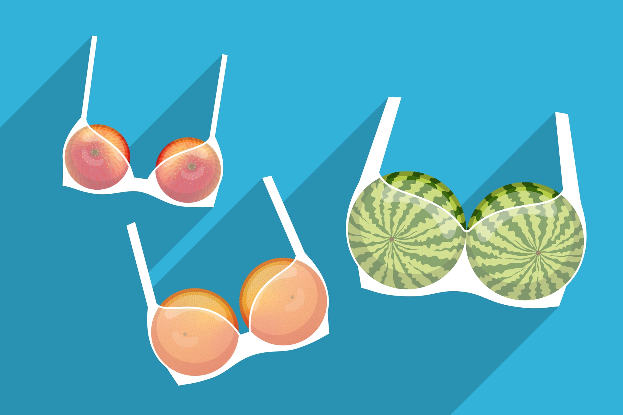Three white bras with fruits inside, over coloured background. Apple, grapefruit and watermelon are as small, medium and large breasts. How to orient in choosing of bra size
