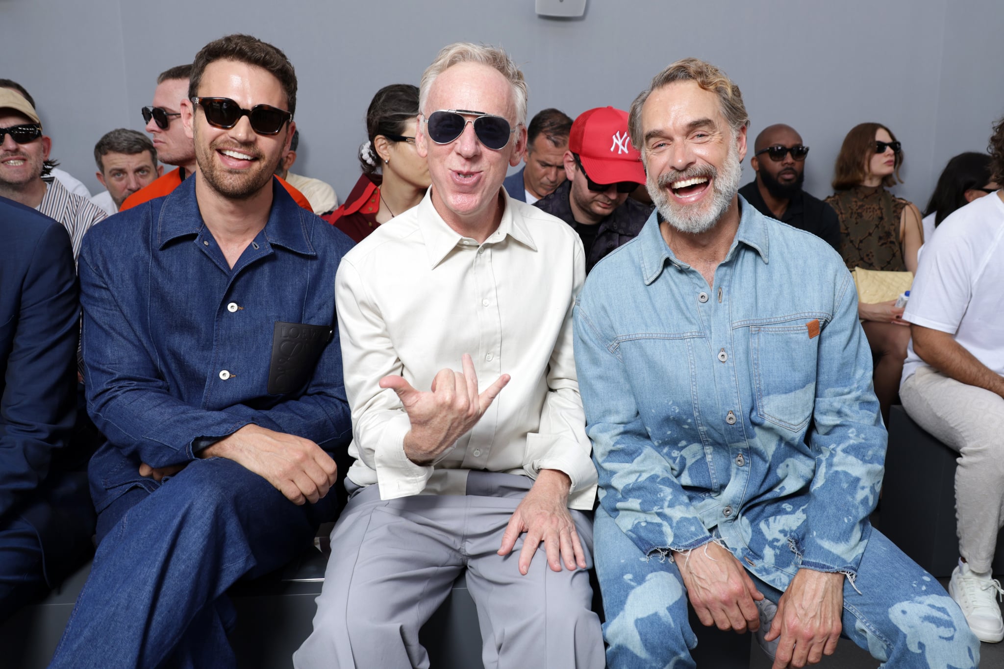 PARIS, FRANCE - JUNE 24: (L-R) Theo James, Mike White and Murray Bartlett attend the Loewe Menswear Spring/Summer 2024 show as part of Paris Fashion Week on June 24, 2023 in Paris, France. (Photo by Pascal Le Segretain/Getty Images for Loewe)