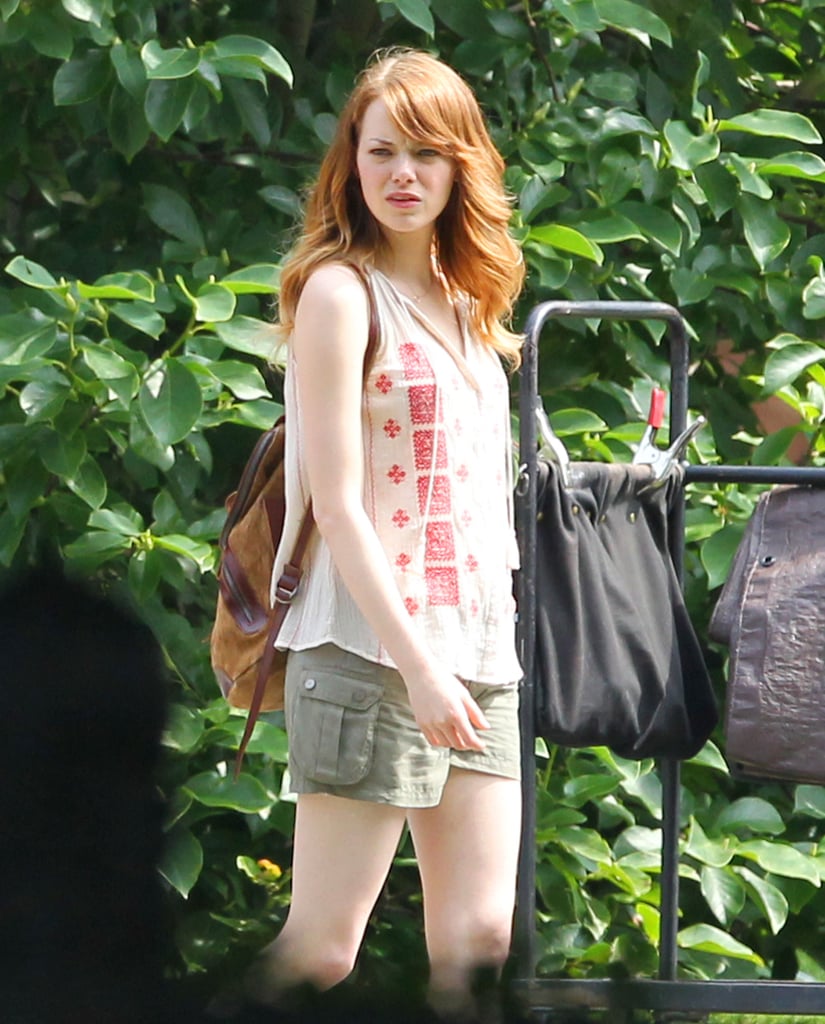 Emma Stone got to work on the set of the new Woody Allen film in Rhode Island on Wednesday.