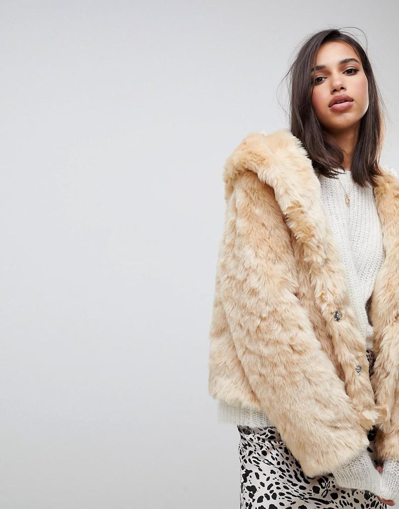 ASOS Hooded Fluffy Faux Fur Coat Selena Gomez Wears Fuzzy Jacket 2019
