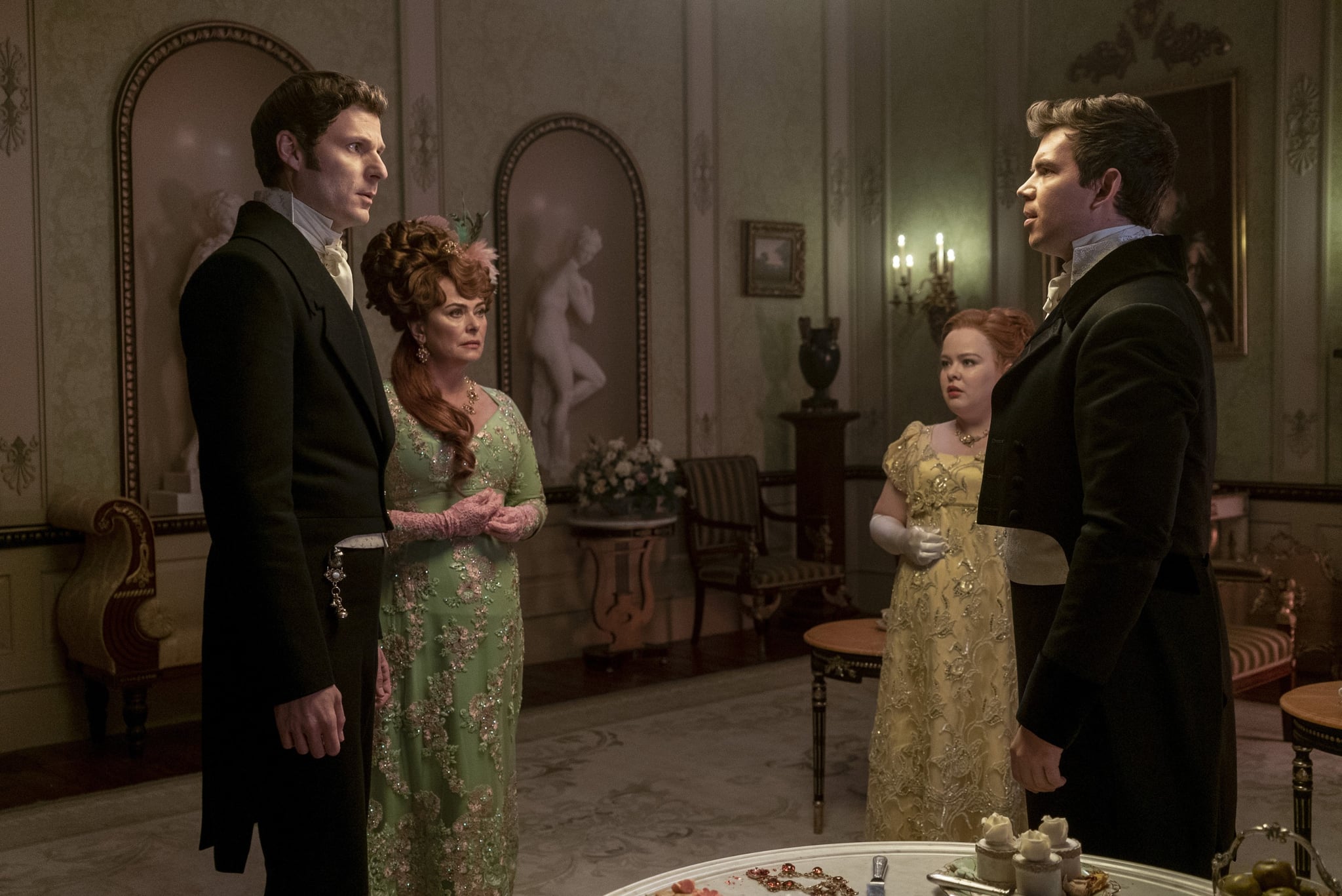 BRIDGERTON, from left: Rupert Young, Polly Walker, Nicola Coughlan, Luke Newton, (Season 2, ep. 208, aired March 25, 2022). photo: Liam Daniel / Netflix / Courtesy Everett Collection