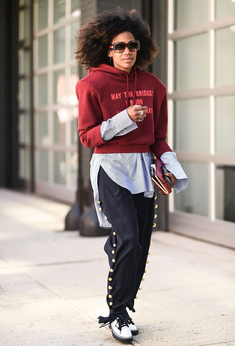 Break Up Track Pants and a Sweatshirt With a Long, Oversize Button-Down