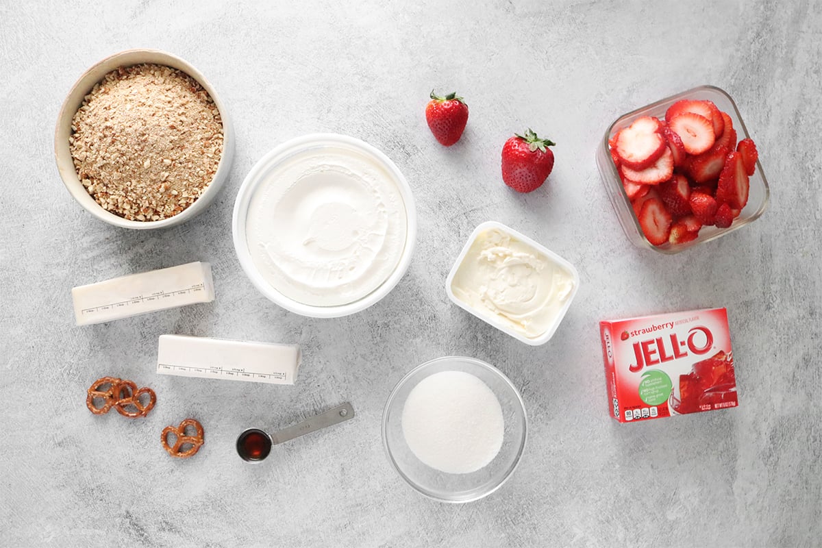 Ingredients for strawberry pretzel salad