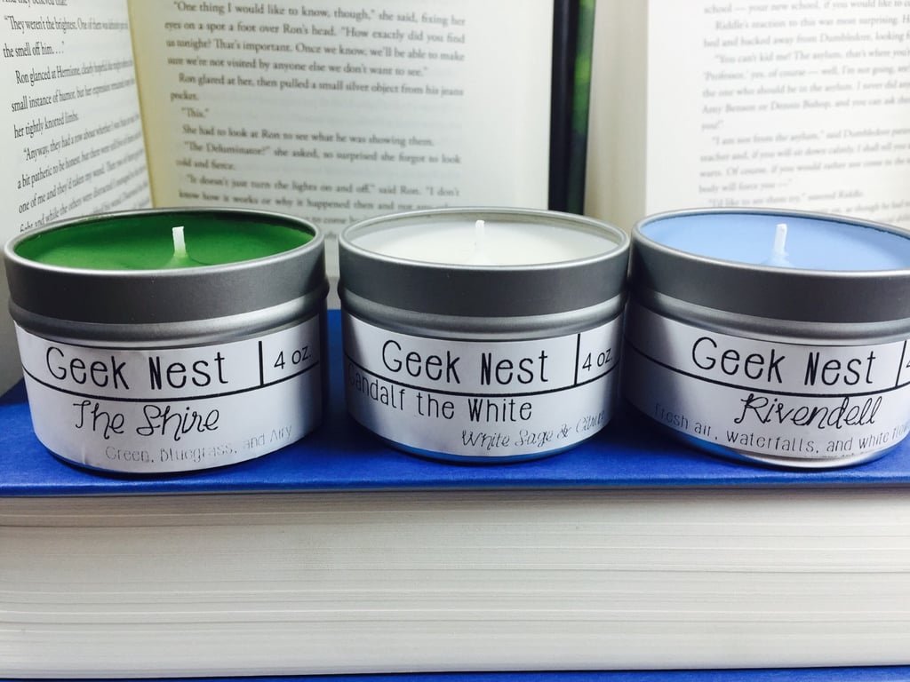 Lord of the Rings candle set  ($22) with The Shire (green, bluegrass, and air), Gandalf the White (white sage and citrus), and Rivendell (fresh air, waterfalls, and white flowers)