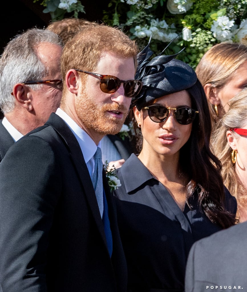 Happy birthday, Meghan Markle! Aug. 4 marks the duchess's 37th birthday, so how did she celebrate her first birthday as a royal? Well, she served as Prince Harry's date to pals Charlie van Straubenzee and Daisy Jenks's wedding. On Saturday, the Duchess of Sussex was all smiles as she stepped out with Harry in Surrey, England. Meghan looked gorgeous as usual in a multicolored dress and fashionable hat. Princess Eugenie of York and Jack Brooksbank, who are set to tie the knot this Fall, were also spotted making their way into the church. 
Harry and Prince William have been friends with Charlie and his older brother Thomas since they first met at Ludgrove Prep School when they were kids. Thomas is also a godfather to Princess Charlotte.  

    Related:

            
            
                                    
                            

            100+ Times Harry and Meghan Made Their Love For Each Other Loud and Clear
        
    
Even though Meghan is spending her birthday as a guest at a wedding this year, something tells us that Harry probably has something special up his sleeve. For Meghan's birthday last year, the royal whisked her away to Botswana for a safari holiday. Not only that, but let's not forget that it is also the first time the couple are celebrating Meghan's birthday as husband and wife.