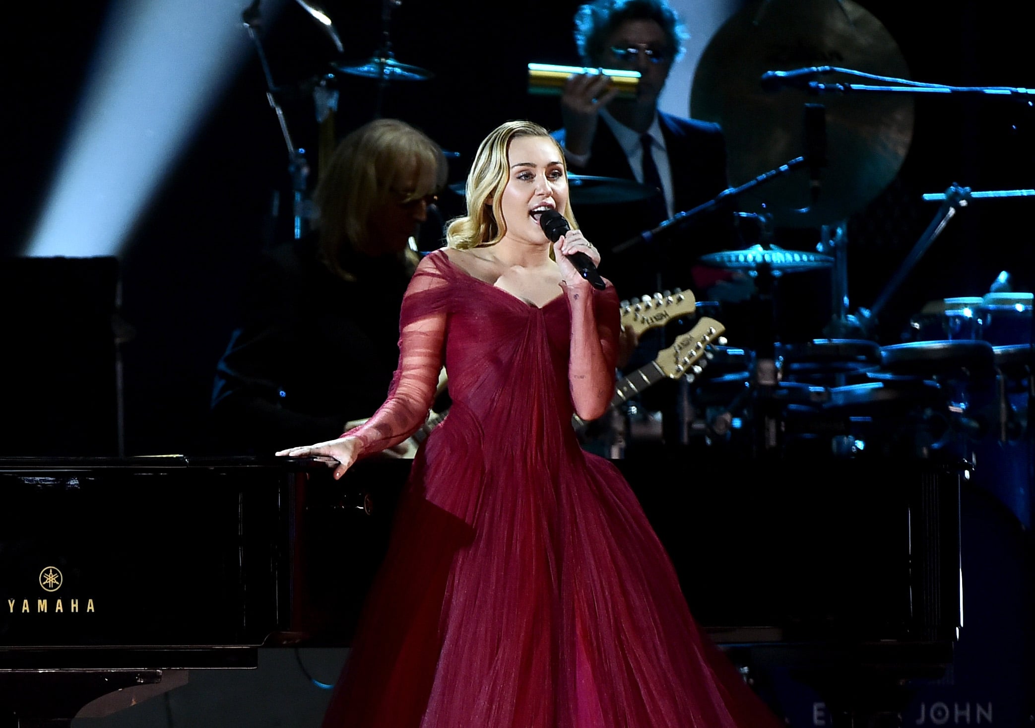 miley cyrus red dress grammys Miley Cyrus Wears Naked Dress Made of Safety Pins to 2024 Grammys