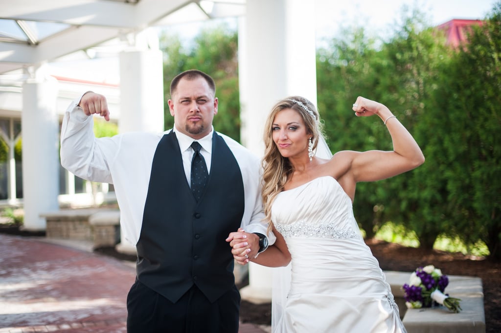 The happy couple held hands while showing off some serious guns.