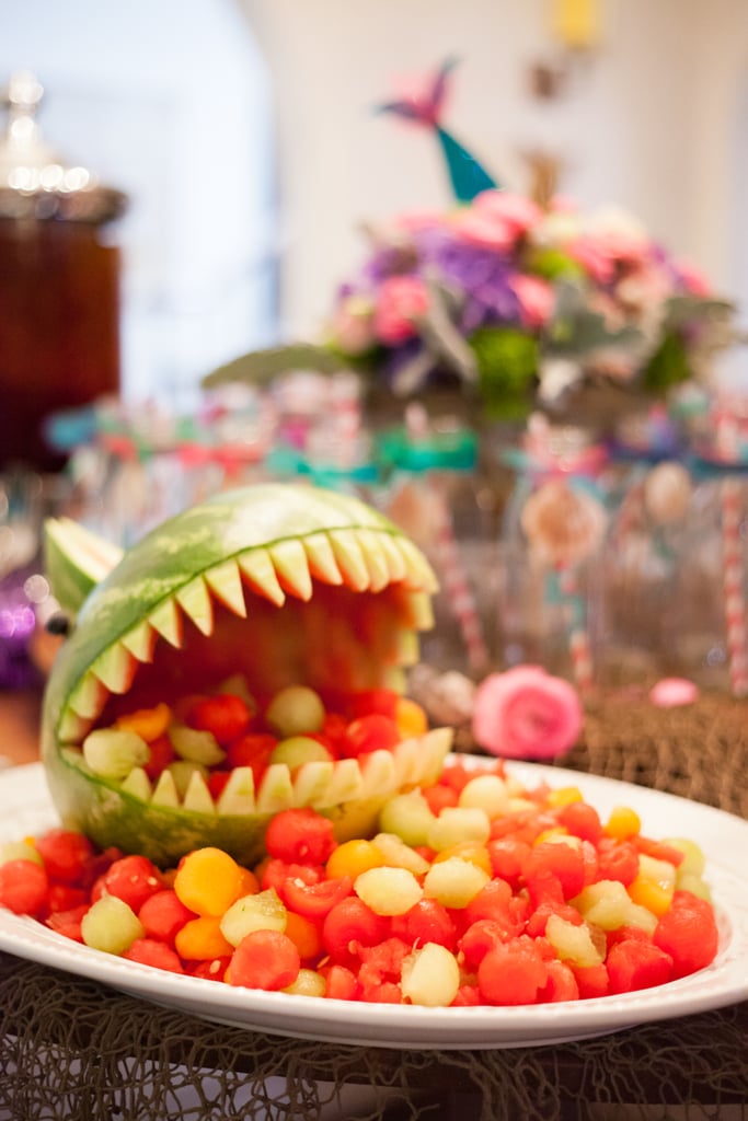 "The girls filled their bellies with ocean-inspired tasty treats including octopus hot dogs, crab-inspired croissant sandwiches, hummus sand pails with seashell carrots, fish-bait gold fish, shark's teeth cheese triangles, and much, much more!"