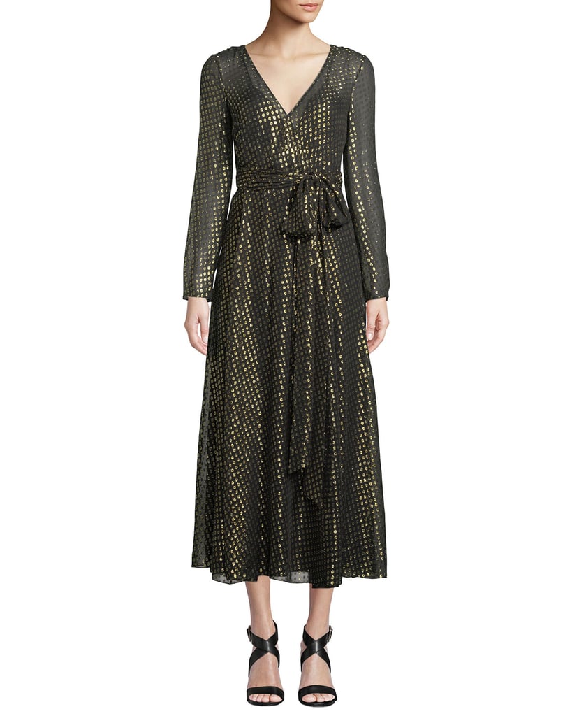 Red Valentino LongSleeved Metallic Fil Coupe Wrap Dress Holiday