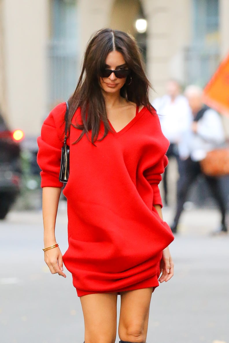 Emily Ratajkowski Wears Red Loewe Sweater With No Pants | POPSUGAR Fashion