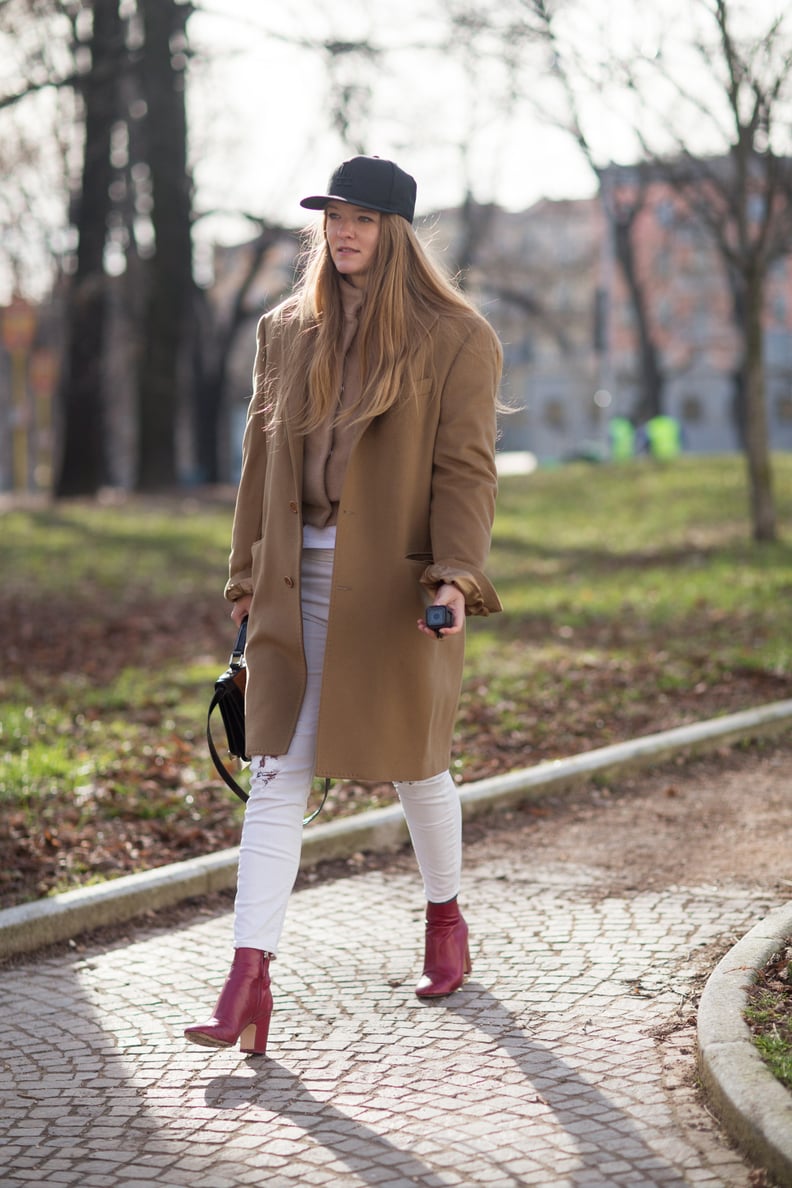 In a bright red hue to contrast white jeans.