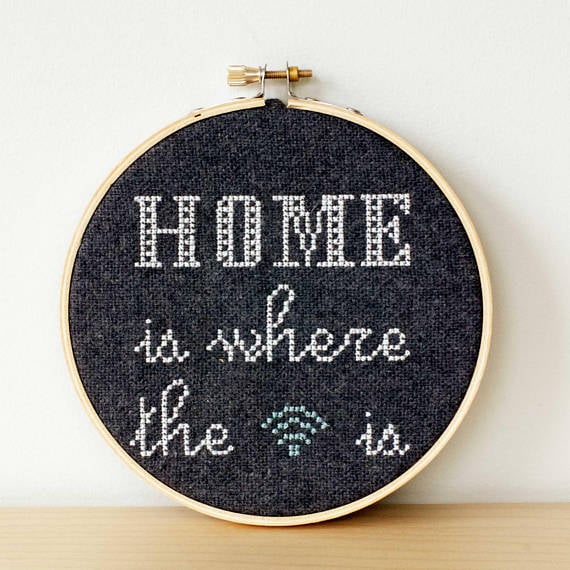 "Home Is Where the WiFi Is" Cross-Stitch Hoop