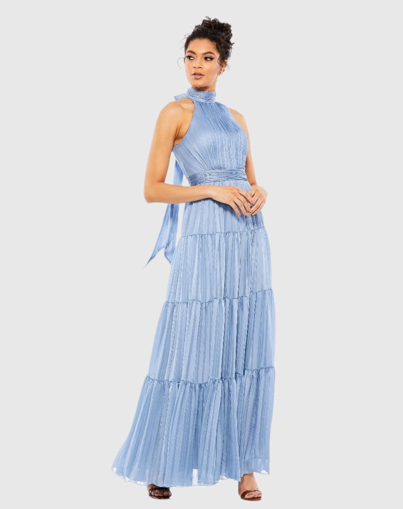 Mac Duggal Blue Tie Neck Tiered Halter Gown