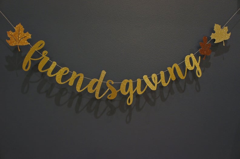 Friendsgiving Rustic Fall Leaves Gold Glitter Script Banner