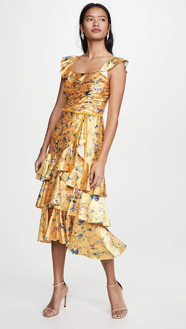 Marchesa Notte Sleeveless Printed Charmeuse Tiered Cocktail Dress