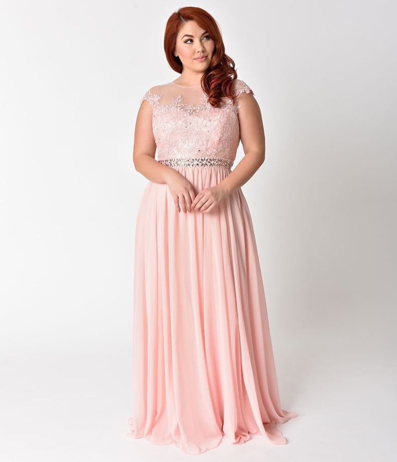 Curve Blush Pink Embellished Lace & Chiffon Cap Sleeve Prom Gown