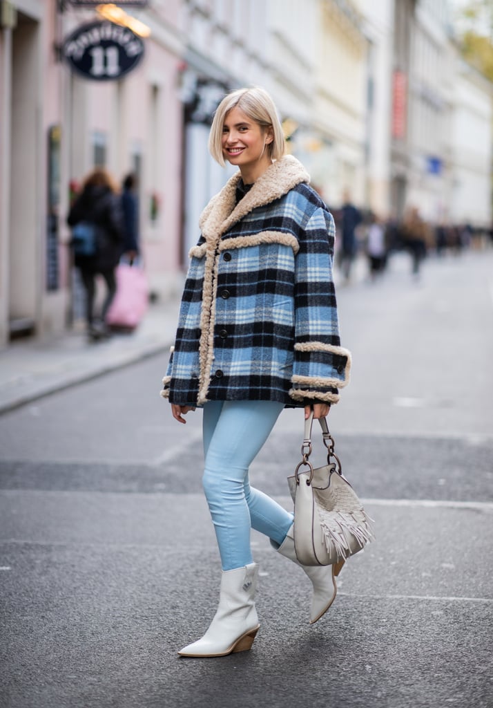 Style a Shearling-Lined Coat With Skinny Jeans and White Boots