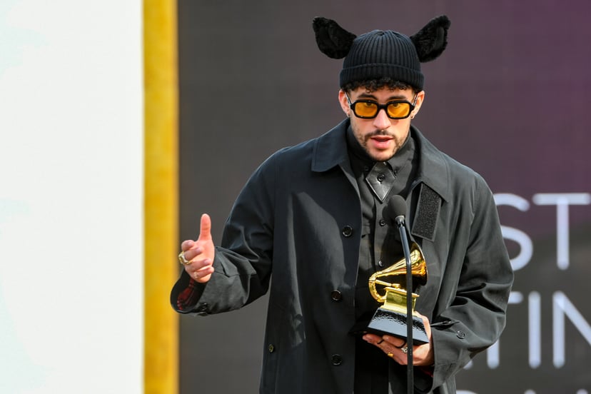 LOS ANGELES, CALIFORNIA - MARCH 14: Bad Bunny accepts the Grammy for Best Latin Pop or Urban Album for 'YHLQMDLG' onstage during the 63rd Annual GRAMMY Awards at Los Angeles Convention Center on March 14, 2021 in Los Angeles, California. (Photo by Kevin W
