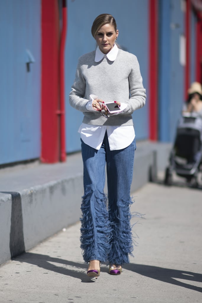 Hack: Invest in inventive denim. From wispy feathers to fluted hemlines and standout embroidery, there are plenty of details that could pop against a simple gray sweater and button-down.