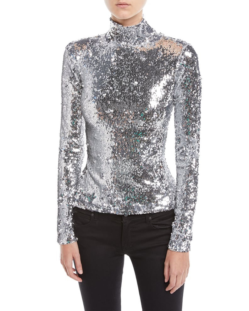 Milly Sequined Long-Sleeve Turtleneck Top
