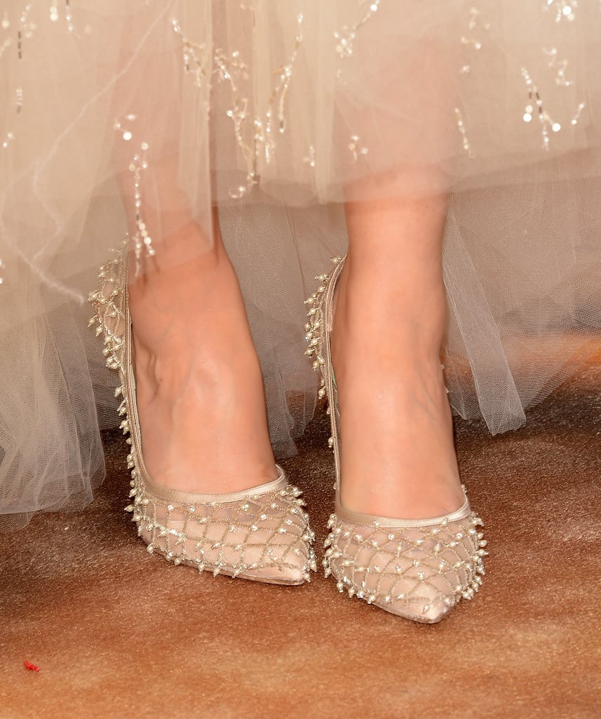 Zooey Deschanel showed off pearl-embellished heels fit for a princess.