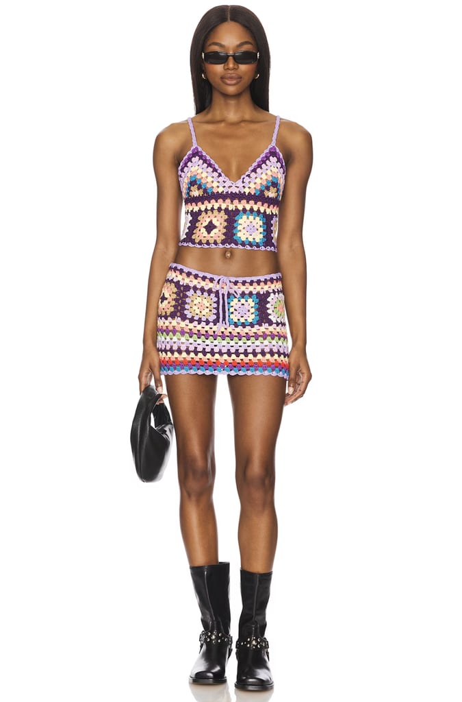 More to Come Alcie Crochet Skirt Set ($83, originally $88)
Crochet is emerging as one of our favorite festival trends this year: it's Bohemian-inspired, lightweight and airy, and gives your wardrobe a flirty, alluring vibe. This colorful set will turn heads everywhere from Coachella to Governors Ball, and it looks especially cool paired with sunglasses and Doc Martens.