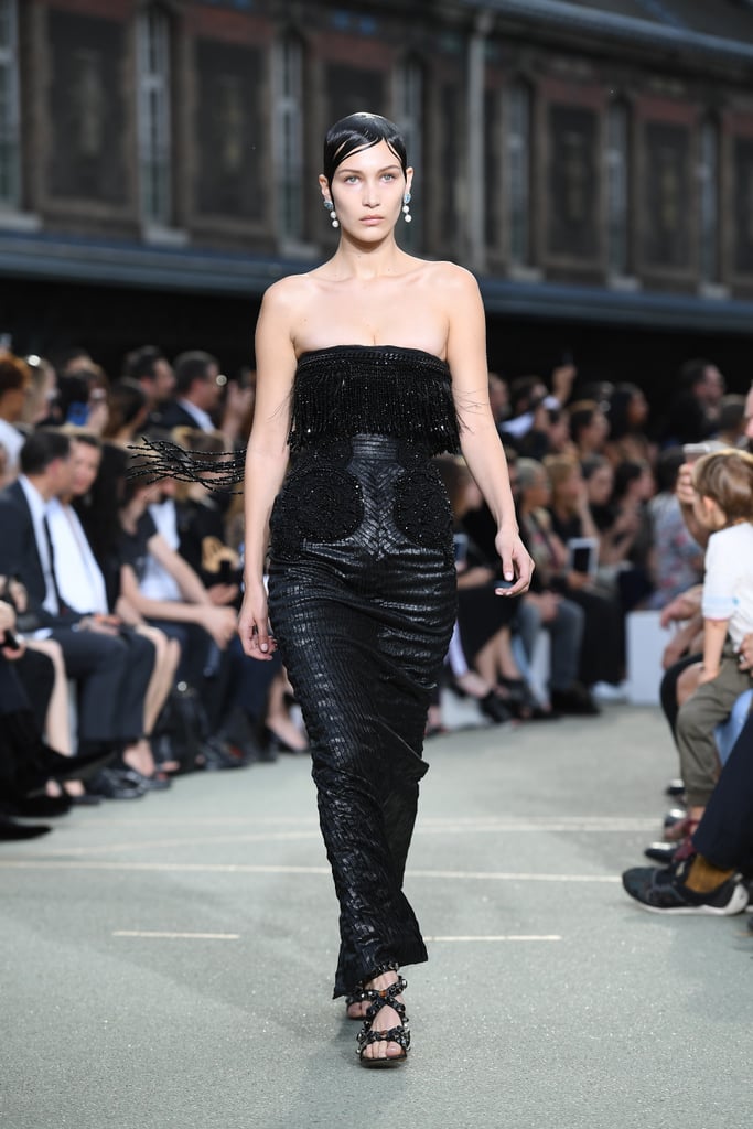 Bella Hadid showed off a dark, shimmering ensemble.