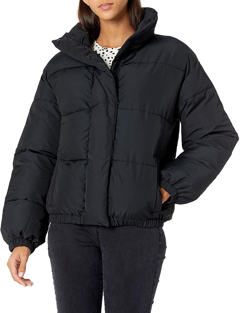 Daily Ritual Relaxed-Fit Mock-Neck Short Puffer Jacket in Black