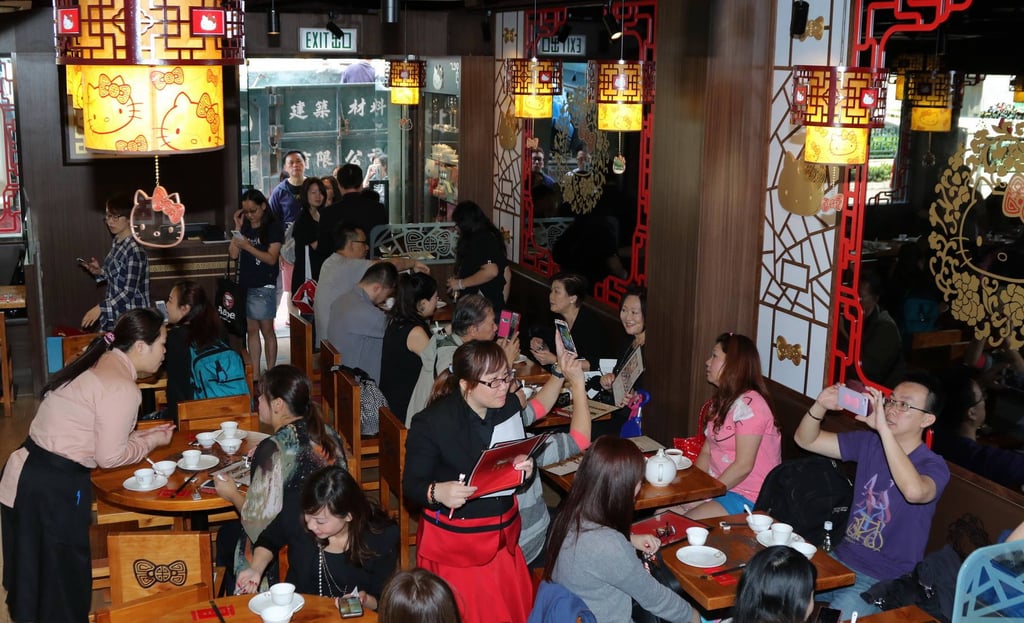 A closer look at Hello Kitty decor inside the restaurant.