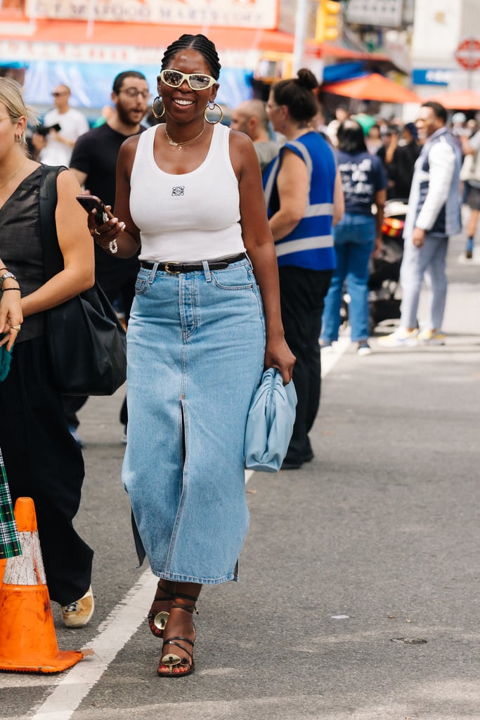 July 4 Outfit Idea: A White Tank Top and Denim Skirt