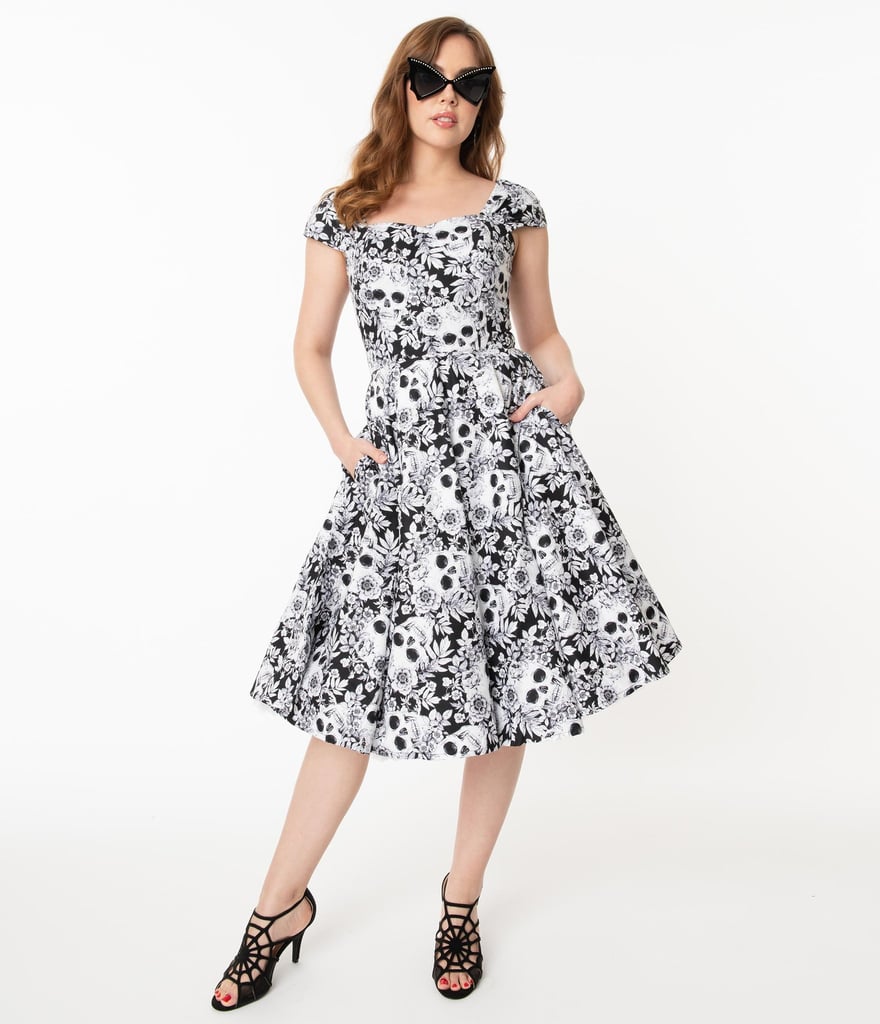 Black and White Skulls-and-Roses-Print Aida Swing Dress | Unique ...