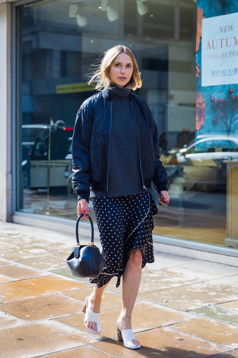 Wear Your Silk Polka-Dot Skirt With Sporty Basics, Like a Bomber Jacket