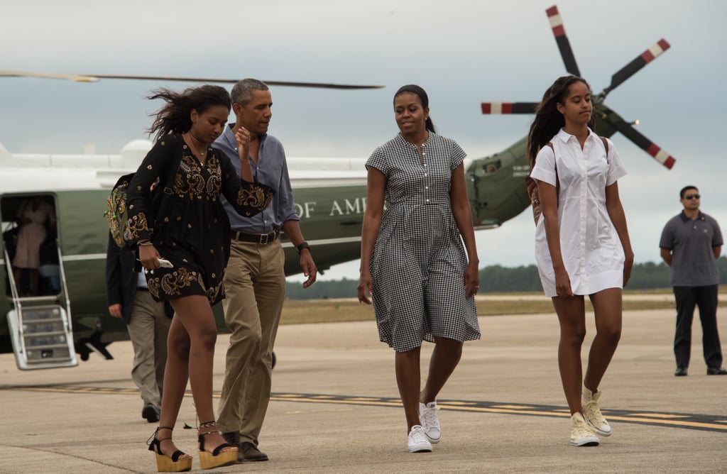Michelle wearing a gingham print J.Crew dress with Converse in Cape Cod.