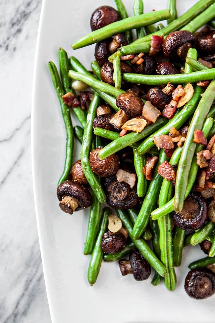 Unique Thanksgiving Side Dish: Garlic Bacon Sautéed Green Beans With Roasted Mushrooms