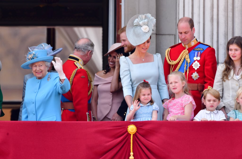 Charles stood behind the queen and other members of the royal family to chat with Meghan and Harry during the Trooping the Colour in June 2018.