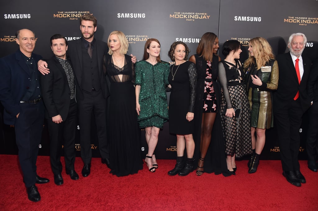Pictured: Julianne Moore, Josh Hutcherson, Liam Hemsworth, Jennifer Lawrence, Jena Malone, Natalie Dormer, Donald Sutherland, Nina Jacobson, Jon Kilik, and Patina Miller
