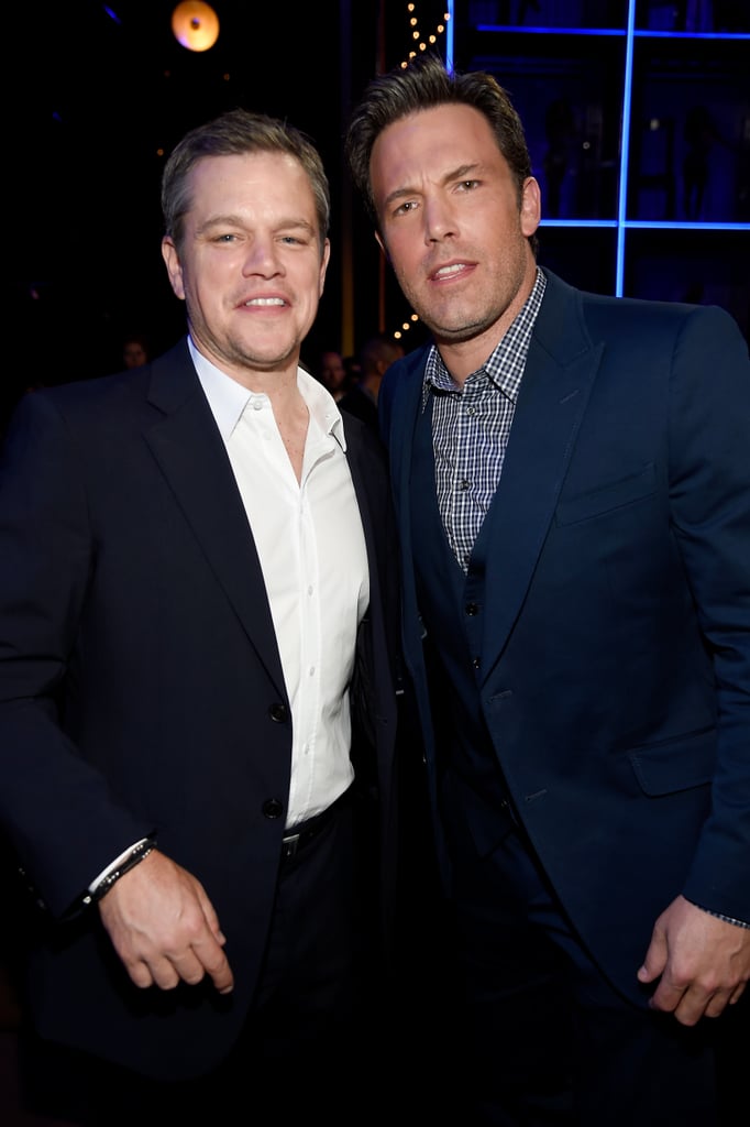 Ben Affleck and Matt Damon's bromance is alive and well. On Saturday night, the lifelong pals attended the Guys Choice Awards in LA, where they received the Guys of the Decade award. Ben — who recently returned from London — was clearly in a good mood as he joked on stage, saying, "I think it goes without saying that this is an award Matt and I have been dreaming about since we were little boys. I did Gigli and Matt did that Liberace movie, and all of a sudden it all seemed out of reach. Then I did [Batman v Superman: Dawn of Justice] and all of a sudden it was back in reach again. Now we're the . . . coveted Dudes of the Decade . . . the Guys of the D*ckheads? What is it?" "No, the D*ckheads of the Decade award," Matt responded. 
In addition to their special honor, Matt and Ben sat together in the audience, where they looked like giddy schoolgirls, whispering secrets in each other's ears, and linked up with Robert De Niro. The actors have been Boston BFFs since childhood and even shared a screenwriting Oscar for Good Will Hunting in 1998. Take a look at their friendship over the years.