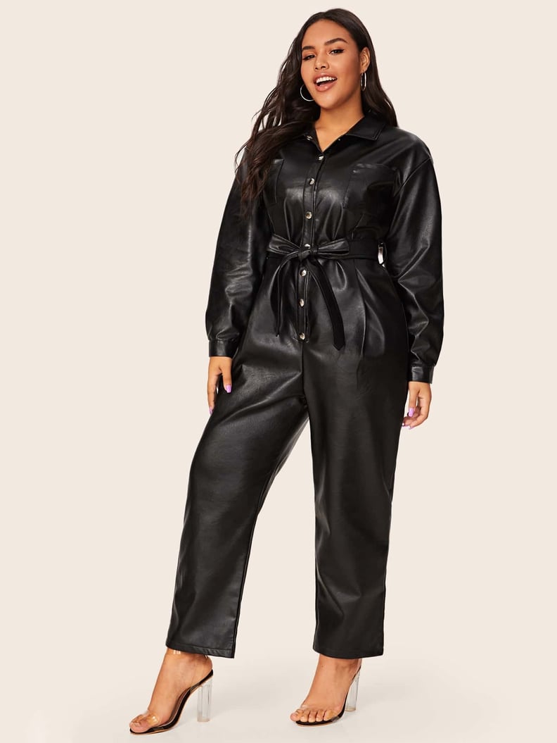 Shein Plus Button Up Belted PU Jumpsuit