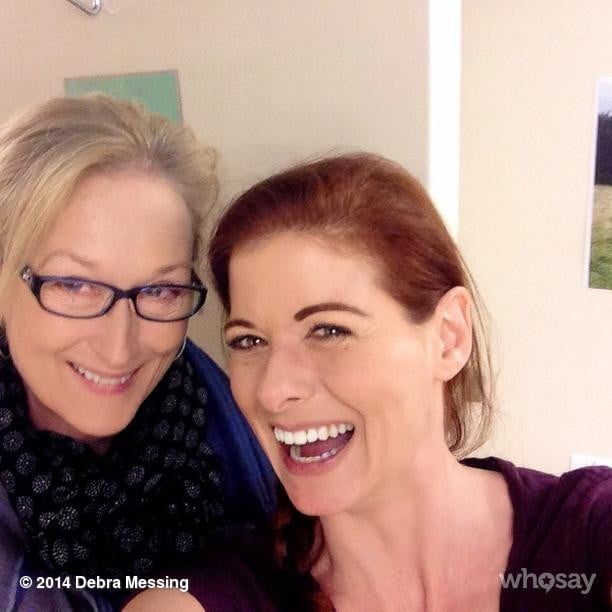 Upon getting a visit from Meryl Streep, funny mama Debra Messing shared this photo with the caption, "MERYL F*CKING STREEP in my dressing room!! #dead #cantspeak."
Source: Instagram user therealdebramessing