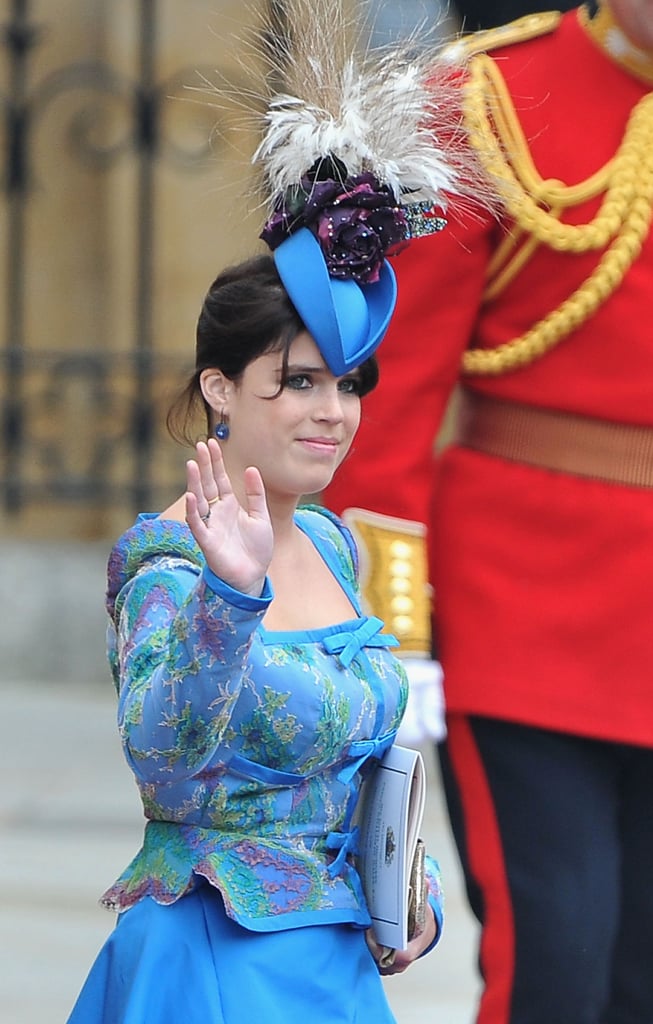 Princess Eugenie went the dramatic route for Prince William and Kate Midldeton's wedding, choosing a hat that featured flowers and feathers.