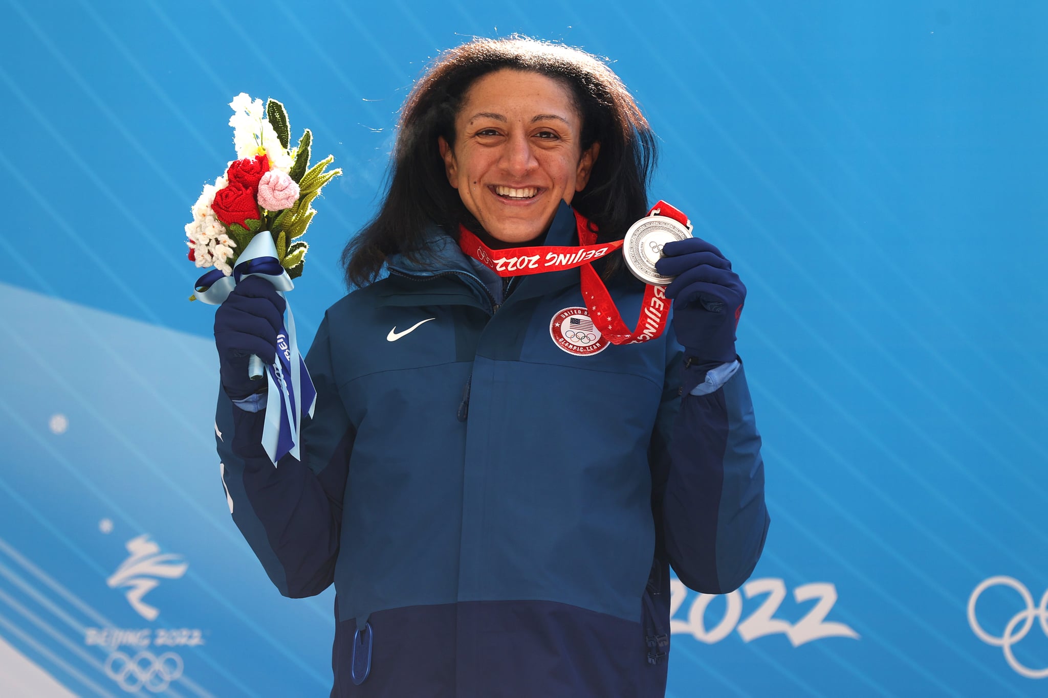 YANQING, CHINA - FEBRUARY 14:  Silver medallist Elana Meyers Taylor of Team United States poses during the Women's Monobob Bobsleigh medal ceremony on day 10 of Beijing 2022 Winter Olympic Games at National Sliding Centre on February 14, 2022 in Yanqing, China. (Photo by Julian Finney/Getty Images)