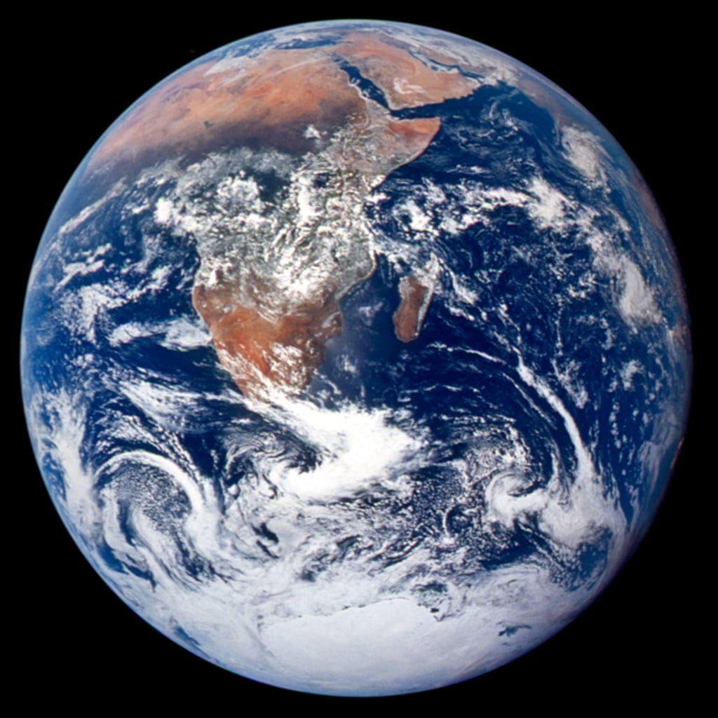 This classic picture of Earth was taken on Dec. 7, 1972, by the Apollo 17 crew on its way to the moon. It captures the space between the Mediterranean Sea and the Antarctica South Polar ice cap. 
Source: NASA