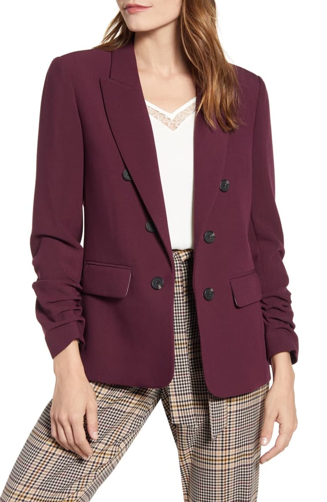 1.STATE Ruched Sleeve Stretch Crepe Blazer