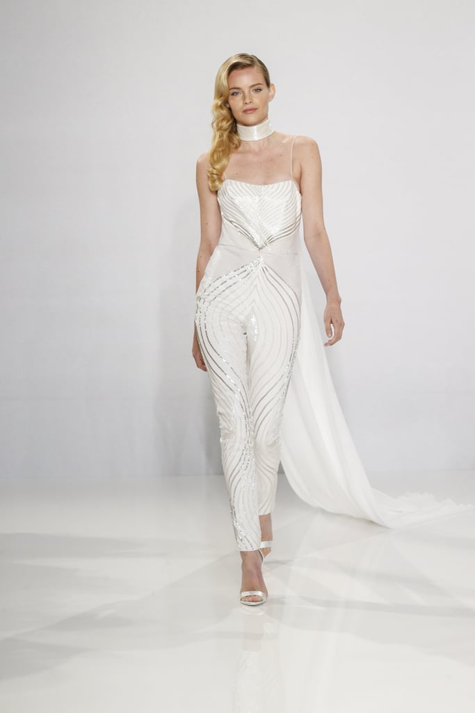 Sequin jumpsuit with neck-piece.