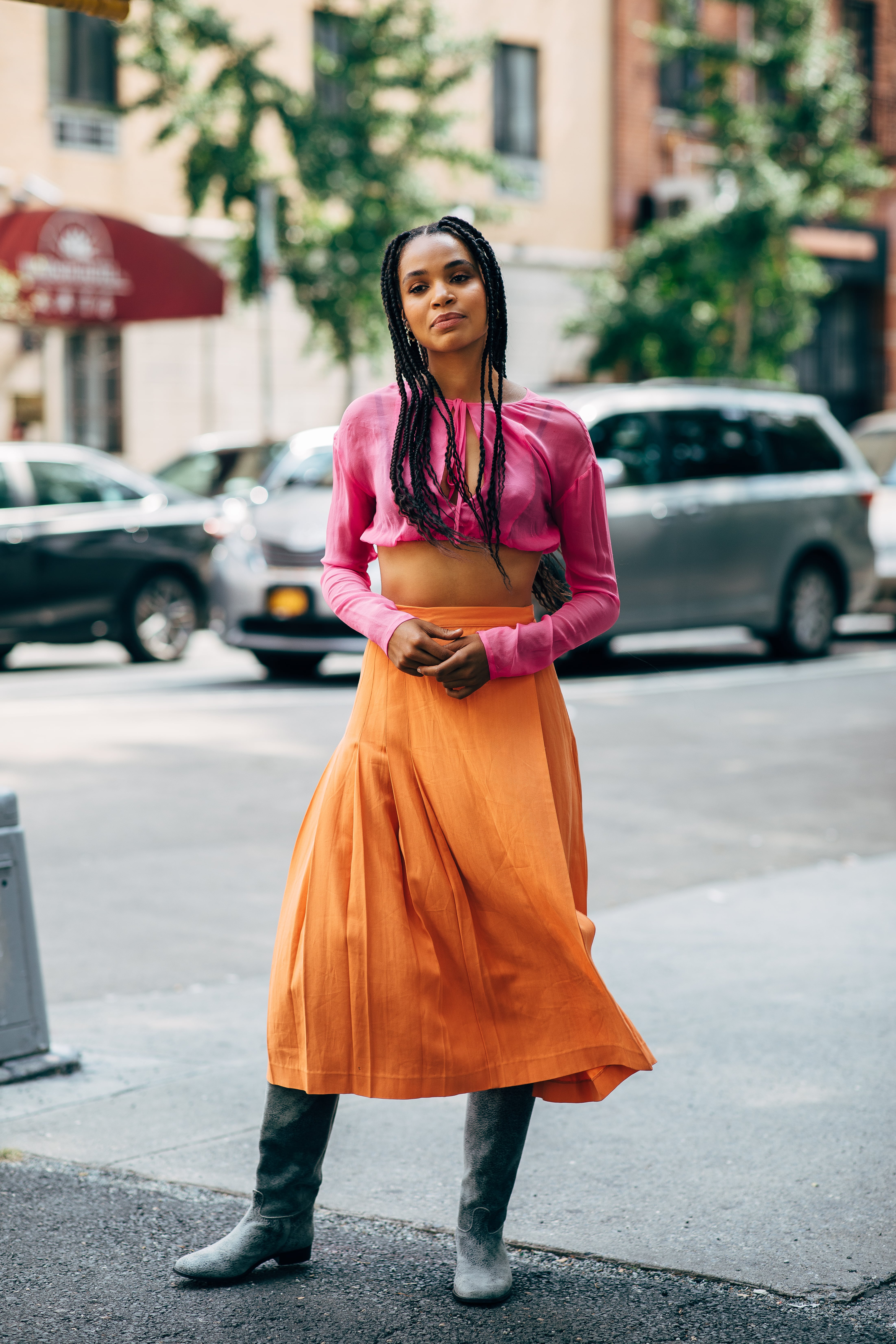 Orange midi top skirt outfit