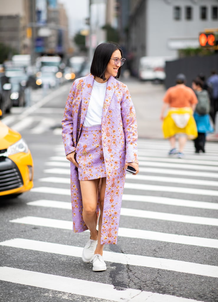 A Summery way to style prints head-to-toe is with a coordinating miniskirt and duster coat.
