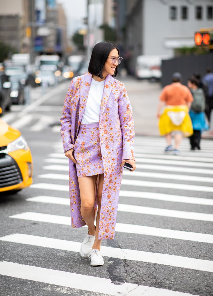 A Summery way to style prints head to toe is with a coordinating miniskirt and duster coat.